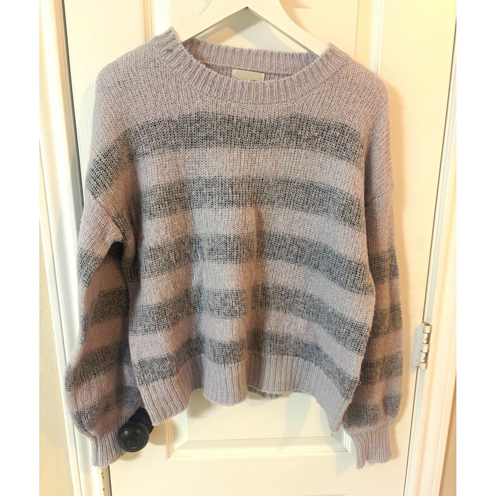 Becool Striped Knit Pullover Sweater Gray Purple Crew Neck Wool Blend Rib Trim L